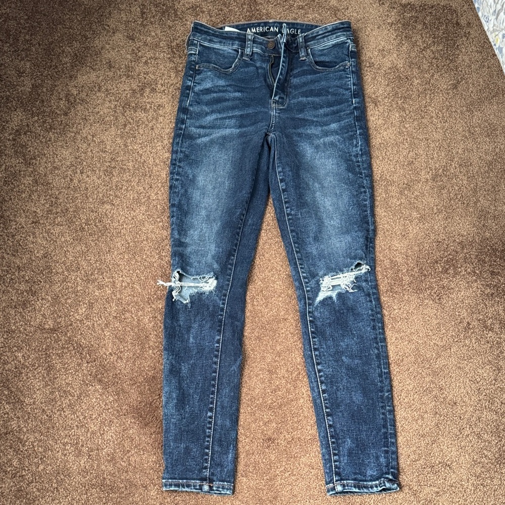 American Eagle Outfitters Women's Dark Blue Ripped Skinny Jeans